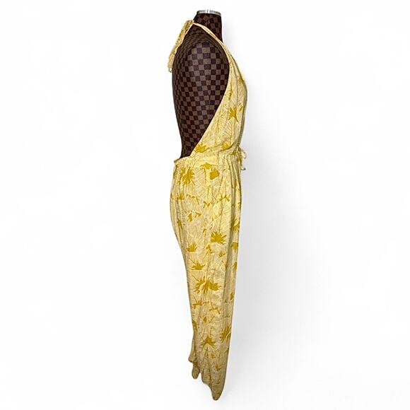 Olivaceous Yellow Halter Jumpsuit Large Split Leg Yellow Palm Print 1-Piece Boho - Picture 5 of 10